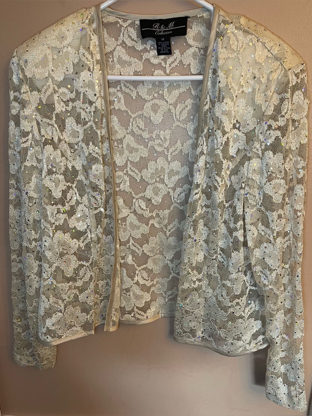 R & M Collection Floral Lace Shrug Jacket Women 14  Sequins Formal Wedding Cream